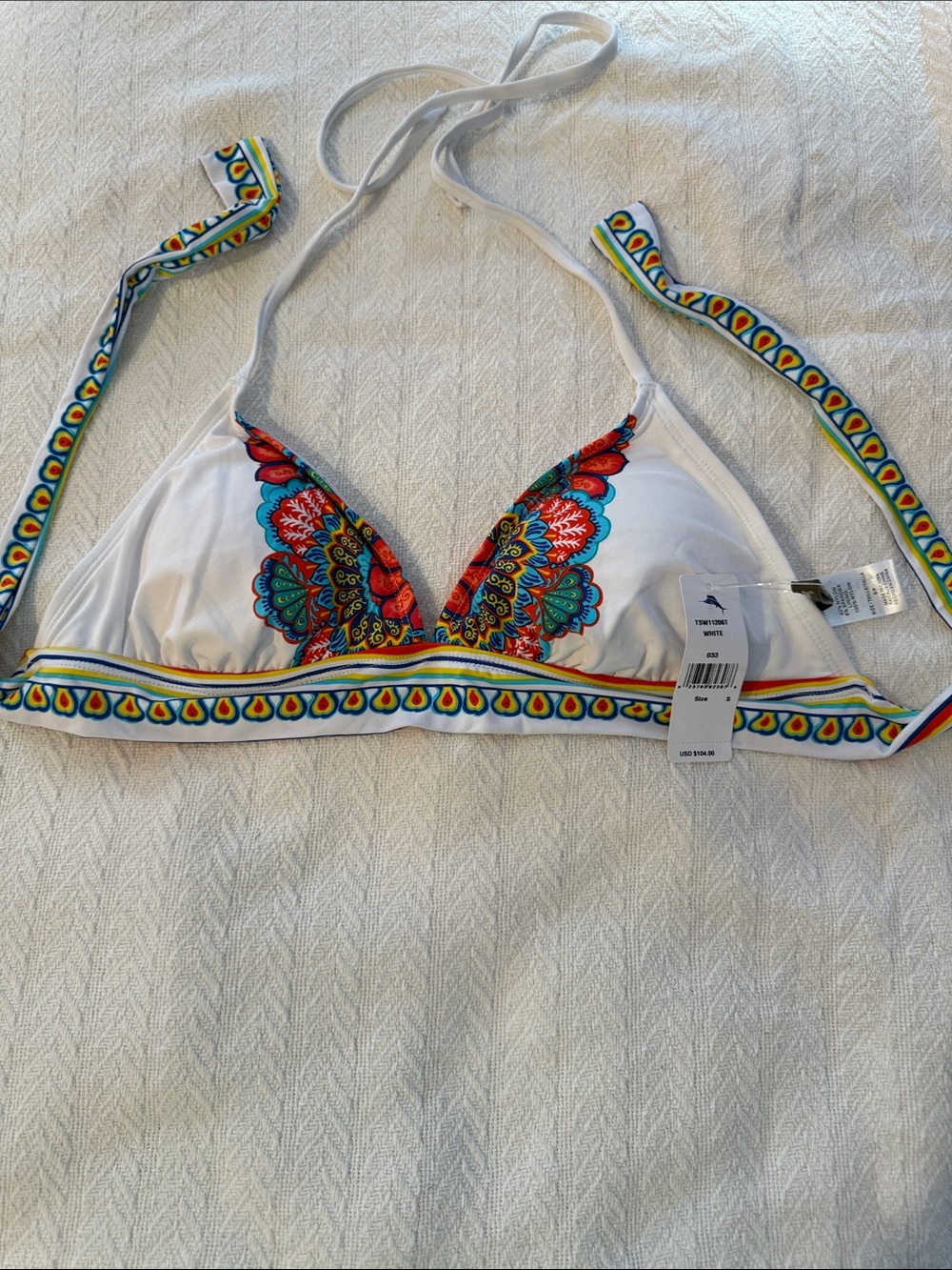 Tommy Bahama White Bikini Top with Multicolor Embroidered Pattern